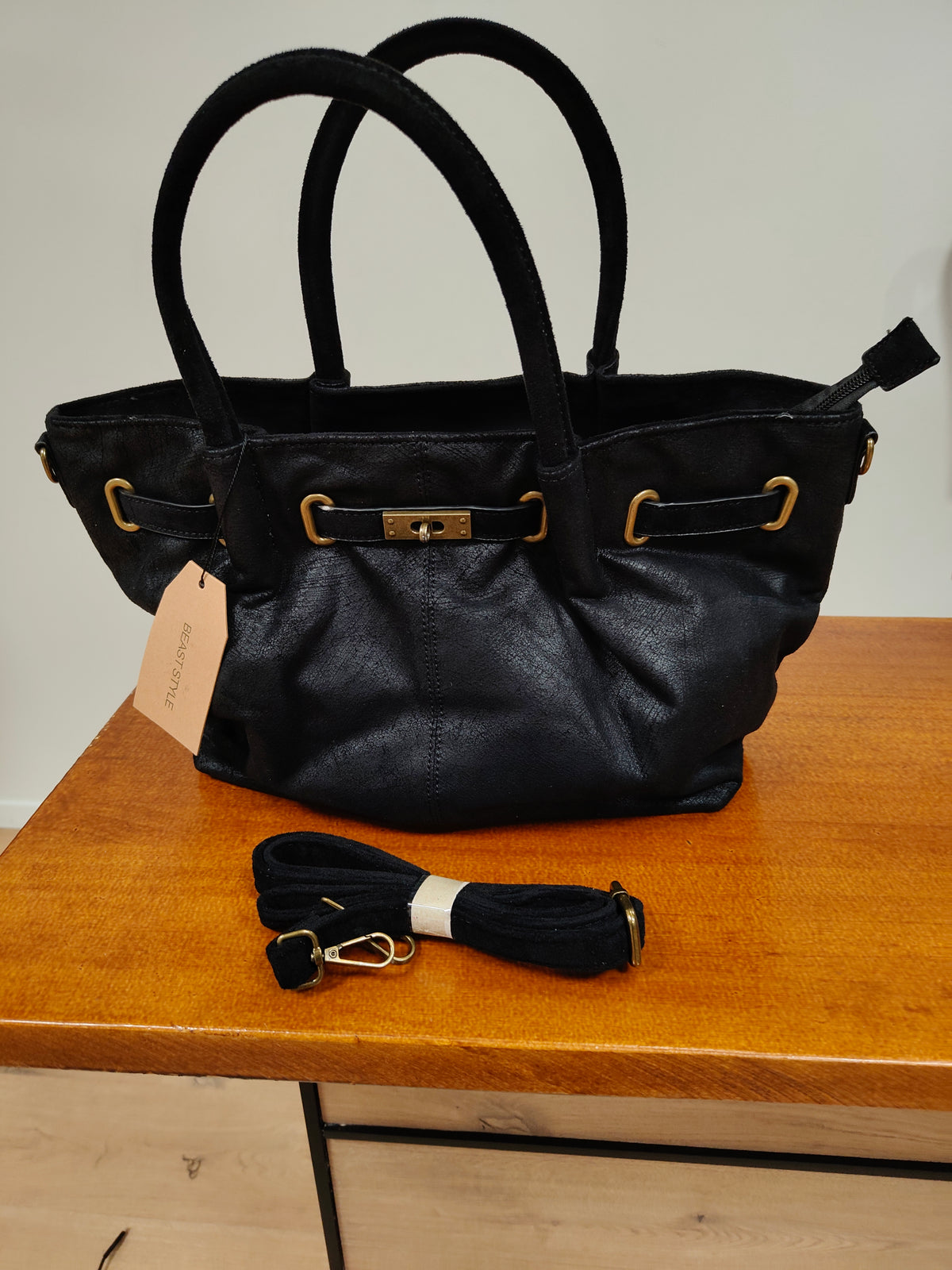 Bolso shopper ante vegano negro (estilo Birkin)+ bandolera