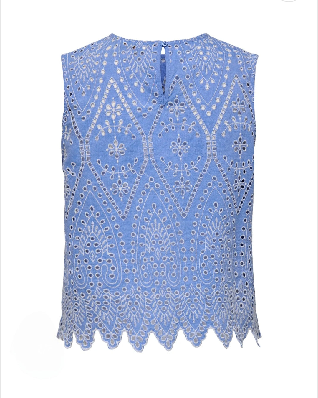 Top Azul con Bordado Suizo sin Mangas – Blusa Troquelada Corta Veraniega