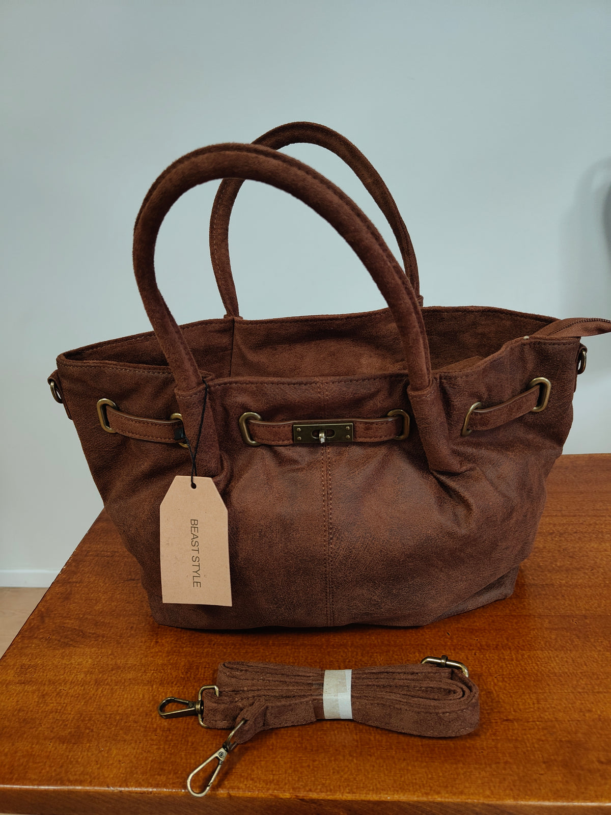 Bolso shopper ante vegano café/marrón (estilo Birkin) + bandolera