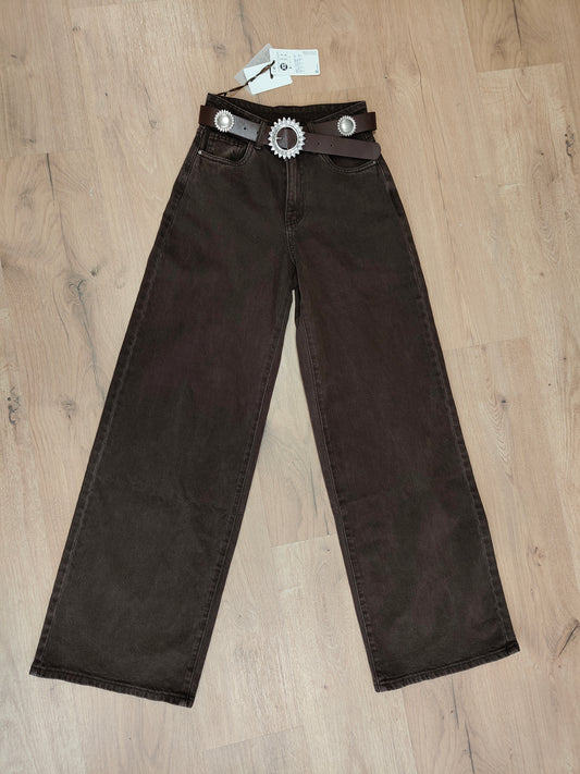Jeans Wide Leg Marrón Chocolate con Cinturón