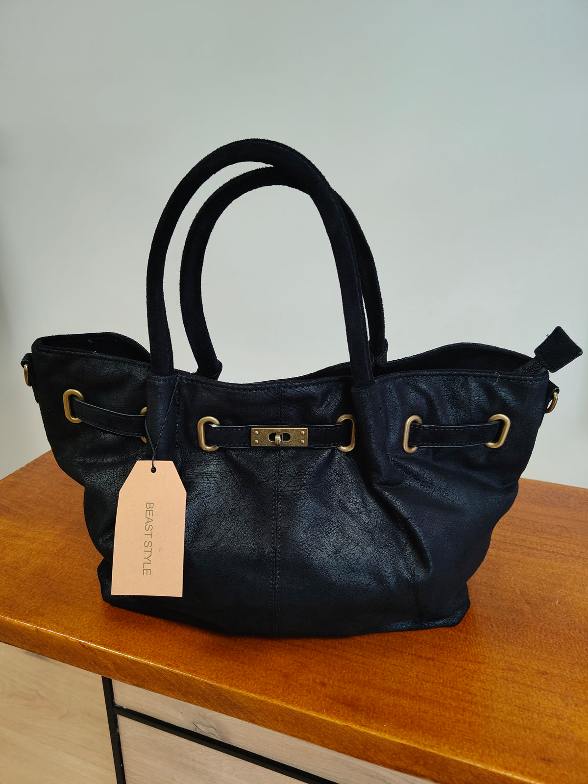 Bolso shopper ante vegano negro (estilo Birkin)+ bandolera